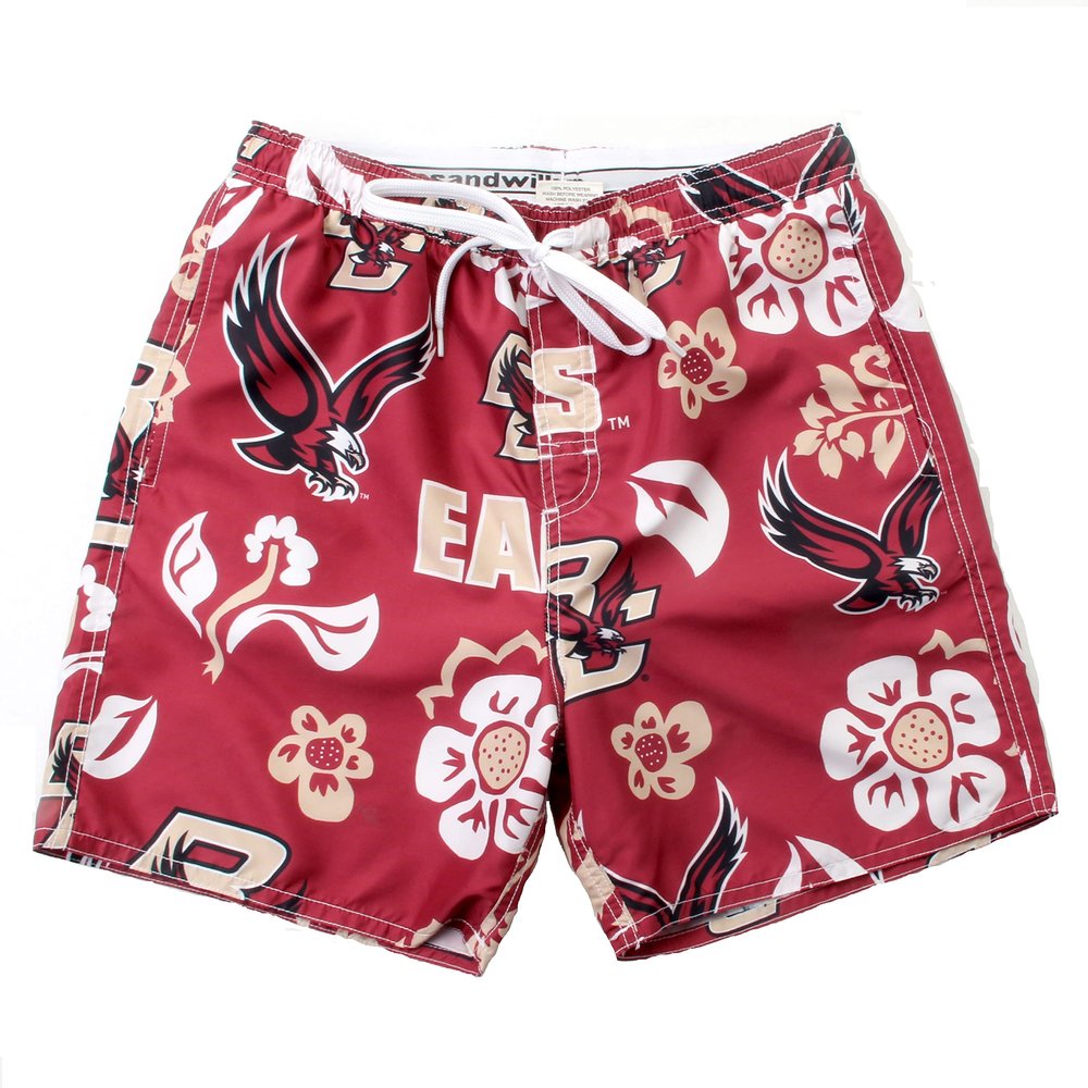 Wes and Willy NCAA Mens Floral Swim Trunks, Boston College Eagles, Wine, XXXL