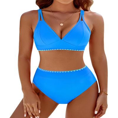 BMJL Women's Bikini Sets V Neck High Waisted Swimsuit Shell Stitched Cheeky Two Piece Bathing Suits(S,Blue)