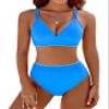 BMJL Women's Bikini Sets V Neck High Waisted Swimsuit Shell Stitched Cheeky Two Piece Bathing Suits(S,Blue) view 1