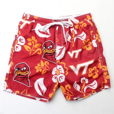 Wes and Willy NCAA Mens Floral Swim Trunks, Virginia Tech Hokies, Wine, XL