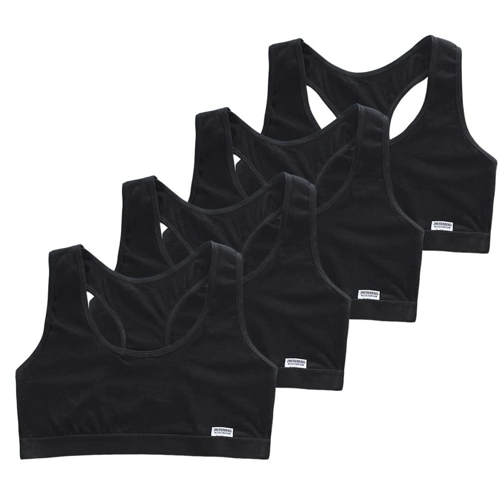 Streamzio Training Bras for Girls 9-14 Years, Girls Seamless Training Racerback Bras, Soft and Breathable Cotton Girls Sports Bras - Pack of 4 (Black)