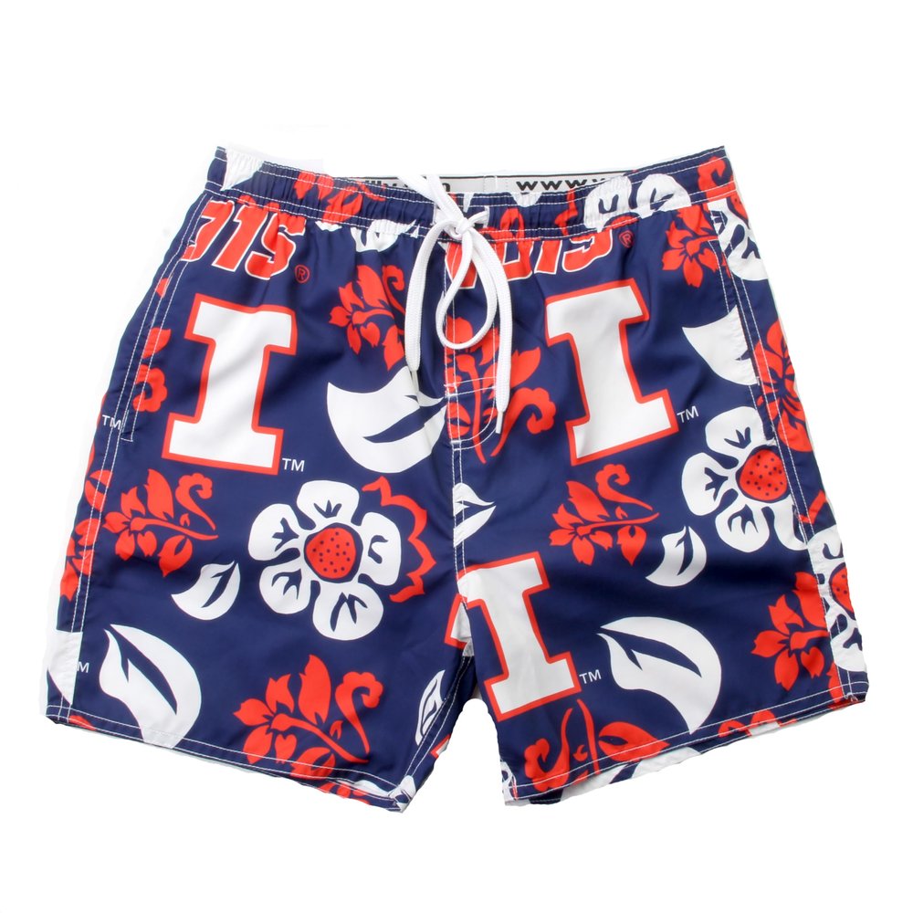Wes and Willy NCAA Mens Floral Swim Trunks, Illinois Fighting Illini, Midnight, XL