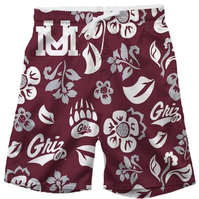Wes and Willy NCAA Mens Floral Swim Trunks, Montana Grizzlies, TAM Maroon, M