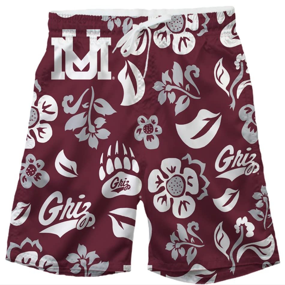 Wes and Willy NCAA Mens Floral Swim Trunks, Montana Grizzlies, TAM Maroon, M