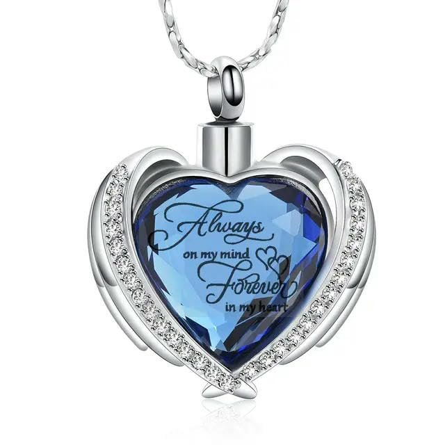 HYUNJIN Cremation Jewelry Angel Wing Heart Urn Pendant Necklaces for Women Crystals Birthstone Human Ashes Memorial Locket Keepsake-Blue 1-only pendant