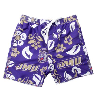 Wes and Willy NCAA Mens Floral Swim Trunks, James Madison Dukes, Grape, XL