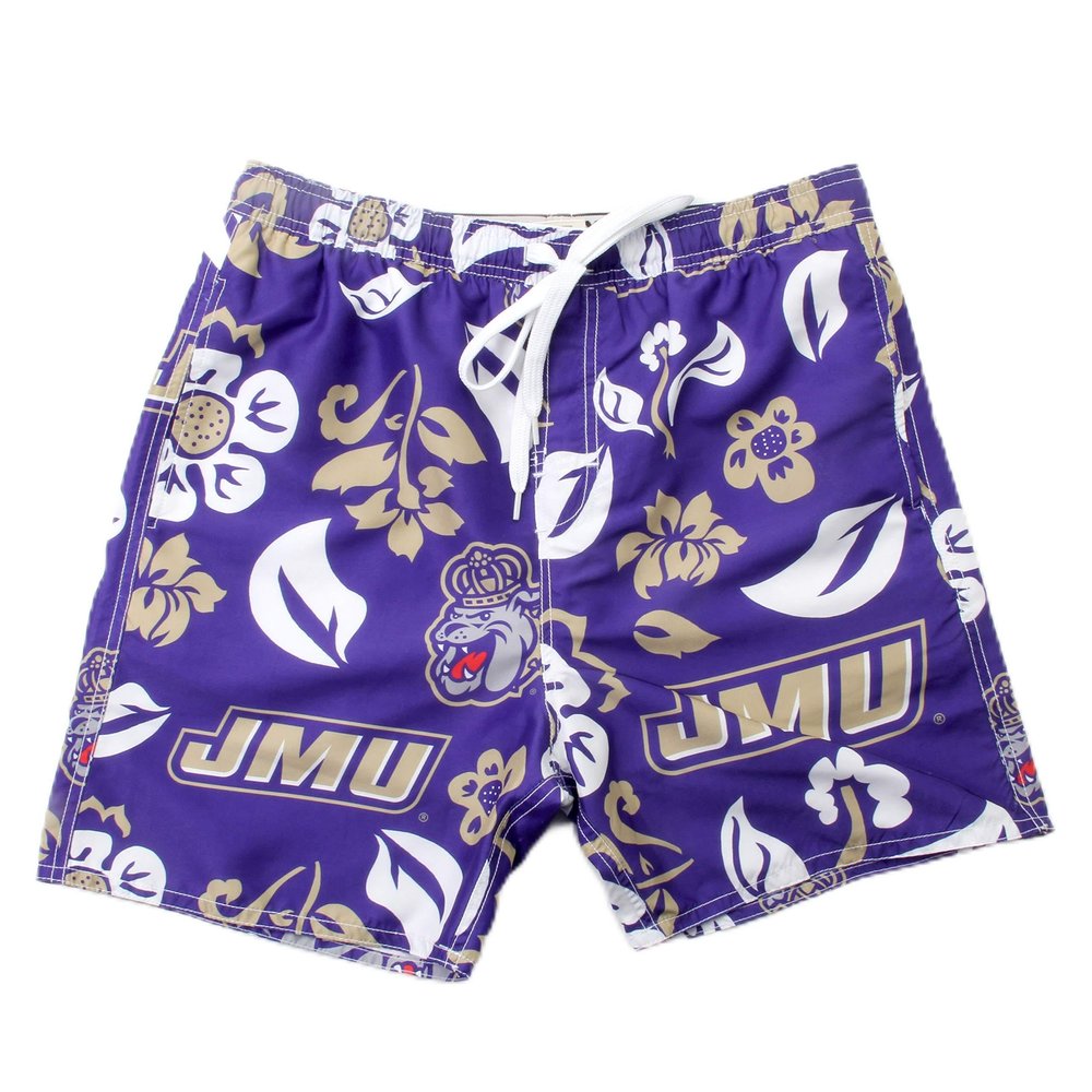 Wes and Willy NCAA Mens Floral Swim Trunks, James Madison Dukes, Grape, XL