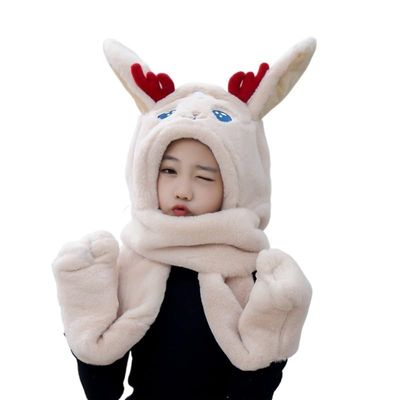 CHRISK Children's plush hat scarf and gloves all in one winter ear moving Christmas elk all in one warm scarf (Color : Light coffee, Size : One size)