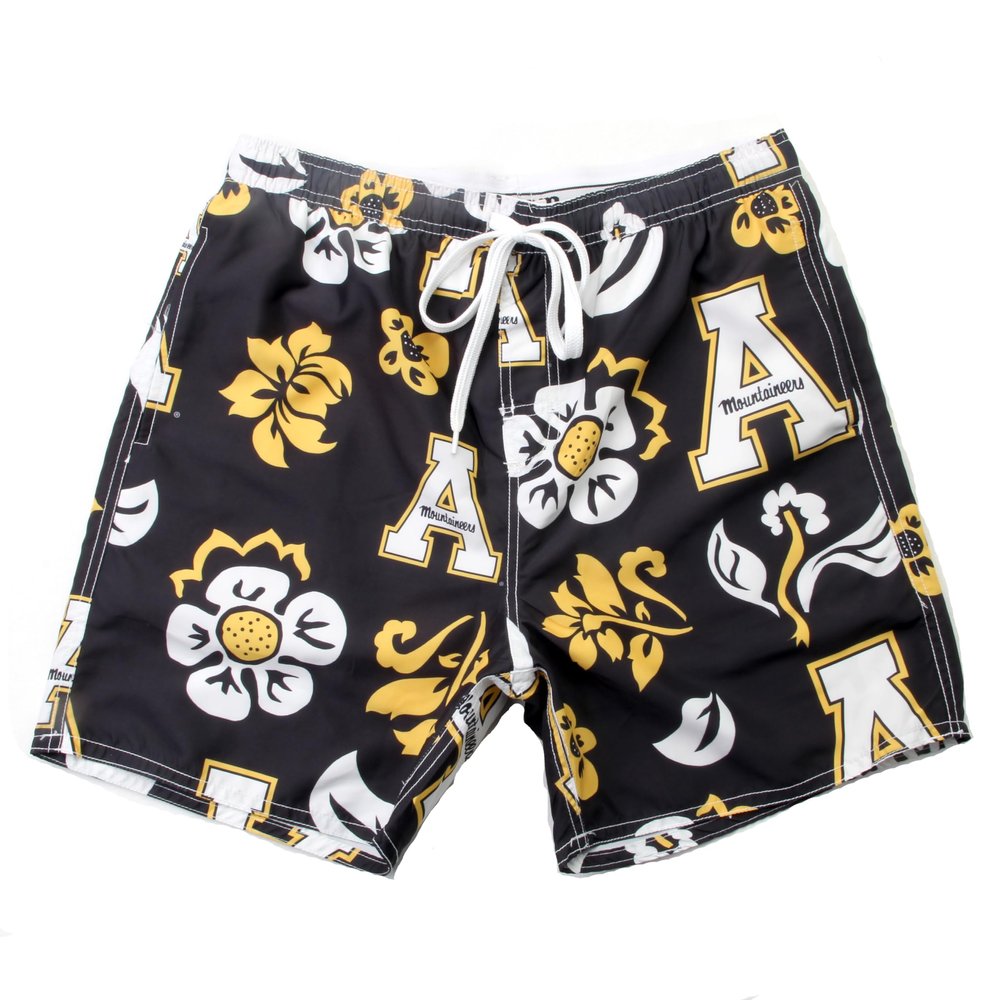 Wes and Willy NCAA Mens Floral Swim Trunks, Appalachian State Mountaineers, Black, XL