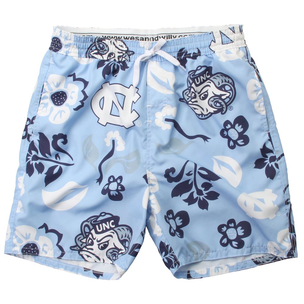 Wes and Willy NCAA Mens Floral Swim Trunks, North Carolina Tarheels, NC Blue, S