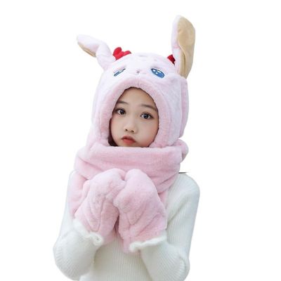 Children's Plush hat Scarf and Gloves All in one Winter Ear Moving Christmas elk All in one Warm Scarf (Color : Dark Pink, Size : One Size)
