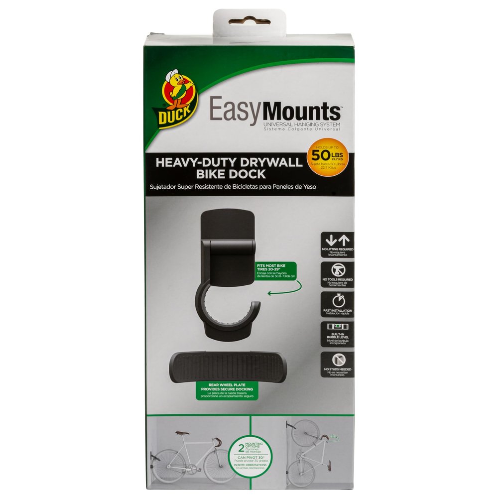 Duck EasyMounts Bike Hanger - Heavy Duty Wall Mount Bicycle Rack for Garage Organization & Storage - No Tool Install - Up to 50 Lbs - Black, Pack of 1 Tire Hook, Wheel Dock & All Hanging Hardware