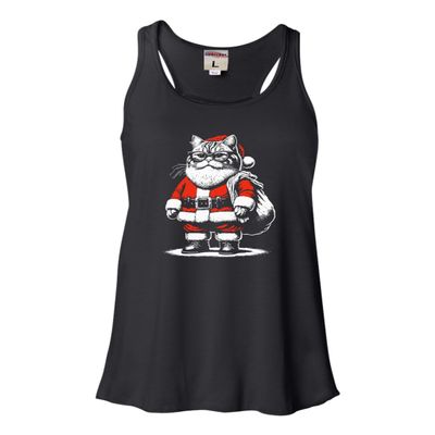 X-Large Black Women Flowy Santa Paws Funny Cat Christmas Santa Claus Gift Idea Sleeveless Tank Top T-Shirt