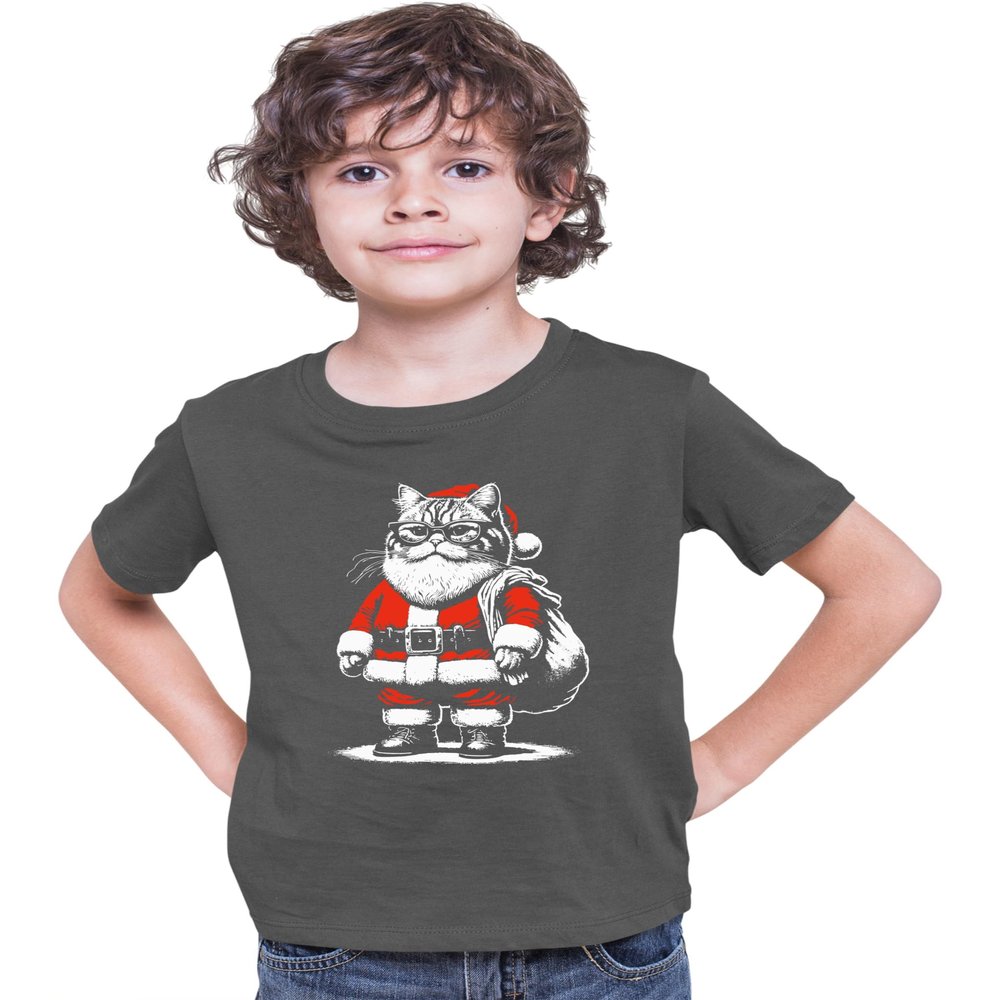 Small Heather Black Youth Santa Paws Funny Cat Christmas Santa Claus Gift Idea T-Shirt