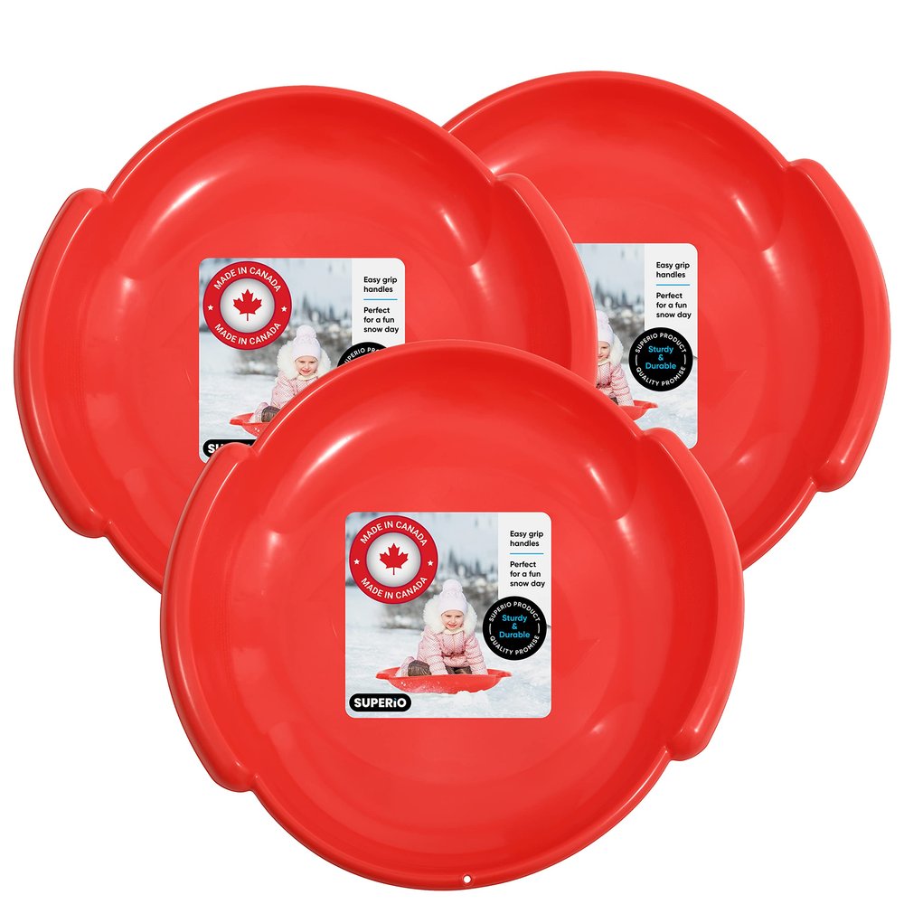 Superio Round Snow Sled, Heavy Duty Plastic Saucer Sled with Handles 24" Winter Snow Toys Fun, 3-Pack