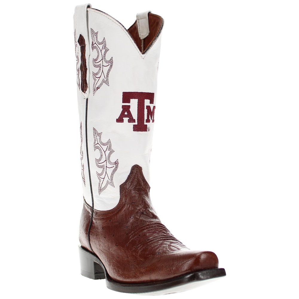 Vaccari Men's Brooks Genuine Mocha Smooth Ostrich A&M Aggies Embroidery Narrow Square Toe Cowboy Boots - 10 D
