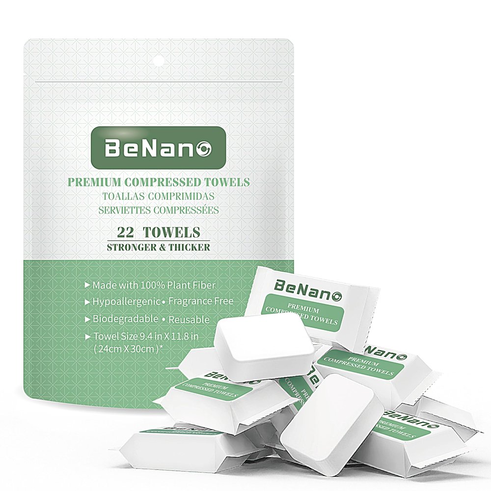 Benano Premium Disposable Compressed Face Towels Tablets, 100% USDA Biobased Quick Dry Portable Thick Towelettes Washcloths 11.8 in x 9.4 in for Hotel Camping Travel Guests Salon Ultra Soft Reusable