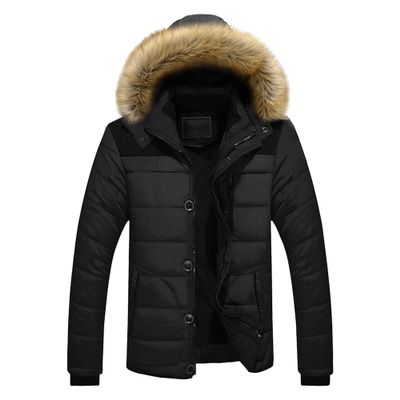 DGKaxiyaHM Men's Windproof Insulated Fleece Parka Jacket Warm Thicken Ski Coat With Hood Padded Slim Parka Outerwear (X-Large,Black)