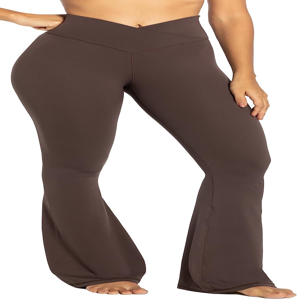 Sunzel Flare Leggings, Crossover Yoga Pants with Tummy Control, High-Waisted and Wide Leg, 34" Inseam, Seal Brown Large