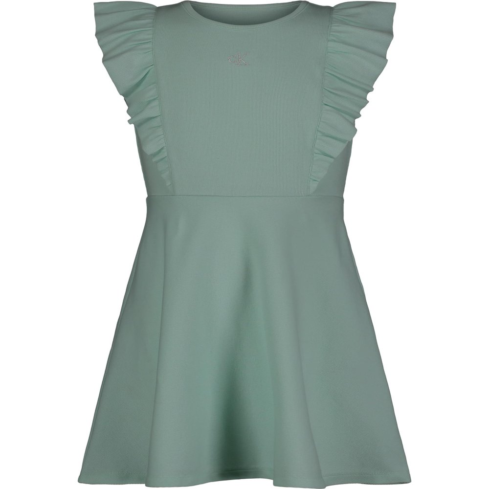 Calvin Klein Girls' Ribbed Flutter Trim Dress, Flutter Honeydew, 16