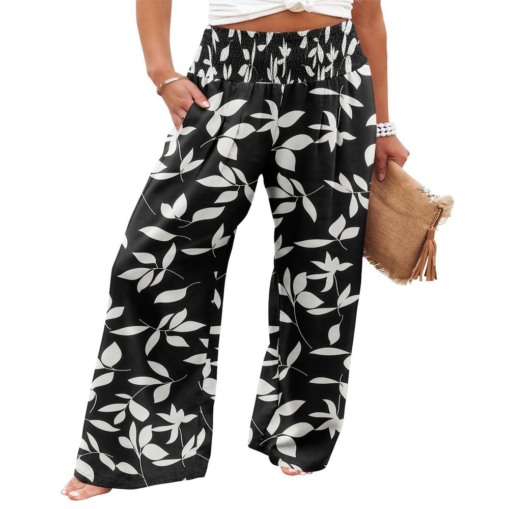 Angerella Women's Relaxed Fit High Waist Casual Wide Leg Plus Size Long Palazzo Pants Leaves Print Trousers,Black 3XL
