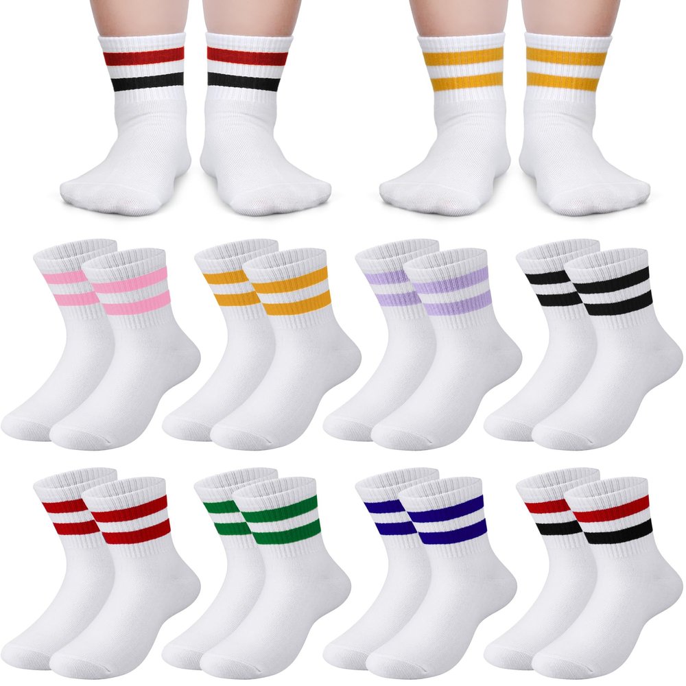 Halfchet 8 Pairs Kids Stripe Socks Cotton Crew Socks Colorful Retro Stripe Athletic Hosiery for School Kids (Neutral Colors,Medium)