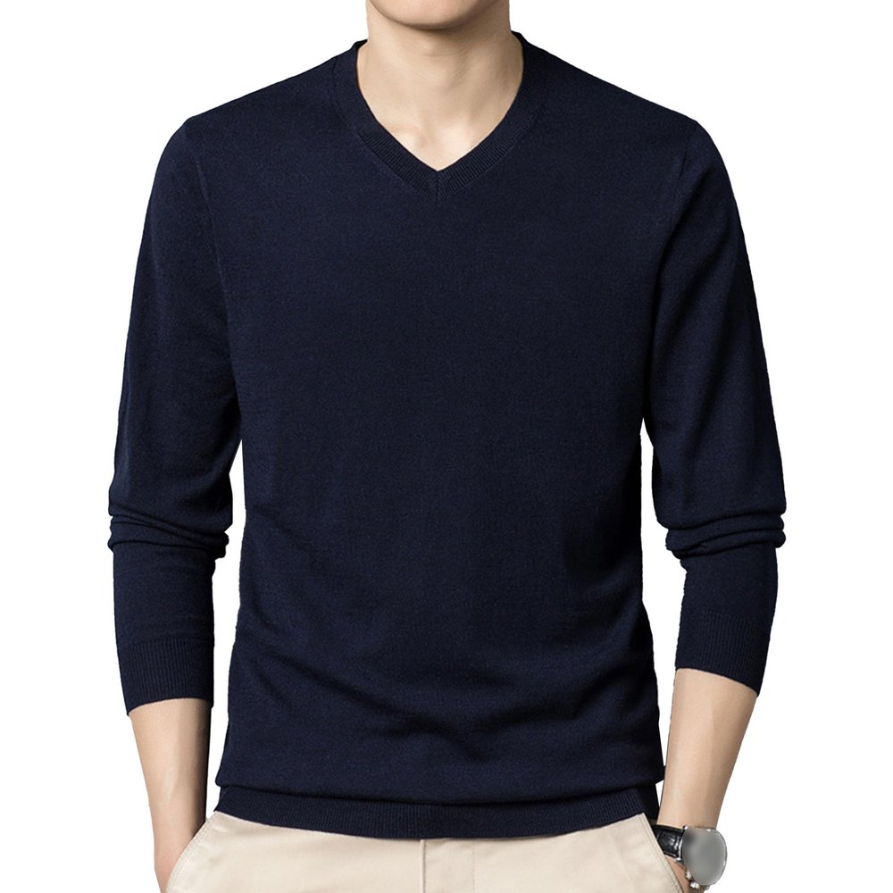 Men's Dress V Neck Sweater Long Sleeve Casual Slim Fit Knitted Pullover Men Soft Wool Solid Plain Sweaters Top (X-Large,Dark Blue)