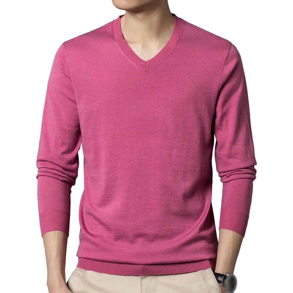 SWJGLITTR Men's Dress V Neck Sweater Long Sleeve Casual Slim Fit Knitted Pullover Men Soft Wool Solid Plain Sweaters Top (3X-Large,Pink)