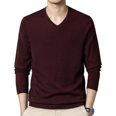 SWJGLITTR Men's Dress V Neck Sweater Long Sleeve Casual Slim Fit Knitted Pullover Men Soft Wool Solid Plain Sweaters Top (Medium,Wine Red)