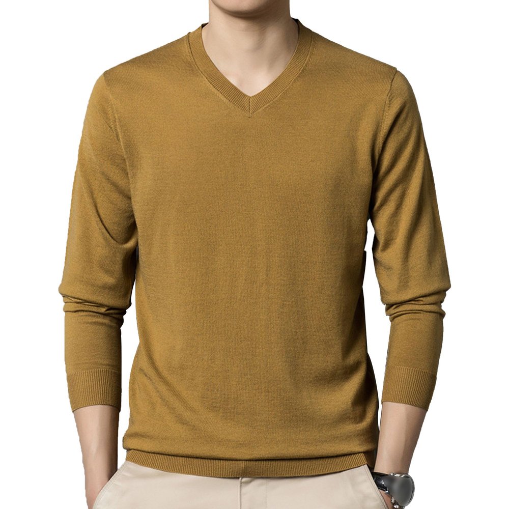 Men's Dress V Neck Sweater Long Sleeve Casual Slim Fit Knitted Pullover Men Soft Wool Solid Plain Sweaters Top (X-Large,Yellow)