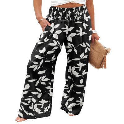 Angerella Floral Black Pants for Women Summer High Waisted Palazzo Pants Wide Leg Long Lounge Pant Trousers,L