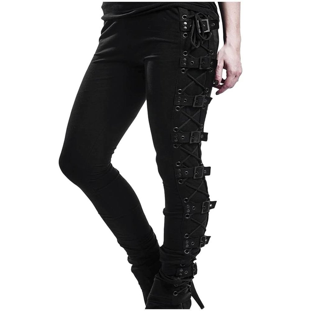 Womens Plus Size Gothic Pants Criss Cross Lace Up Buckle Strap Skinny Leggings Juniors Ladies Steampunk Trouser Black