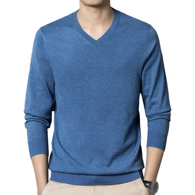 SWJGLITTR Men's Dress V Neck Sweater Long Sleeve Casual Slim Fit Knitted Pullover Men Soft Wool Solid Plain Sweaters Top (Large,Blue 2)