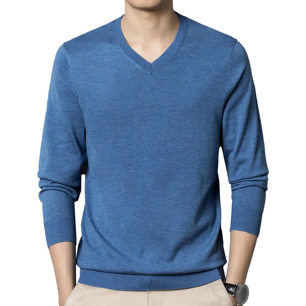 SWJGLITTR Men's Dress V Neck Sweater Long Sleeve Casual Slim Fit Knitted Pullover Men Soft Wool Solid Plain Sweaters Top (Large,Blue 2)