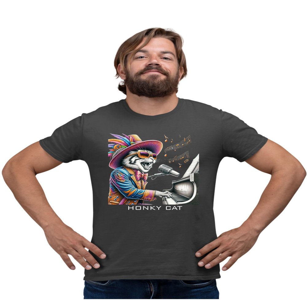 XX-Large Heather Black Mens Honky Cat Funny Elton Cat Playing The Piano T-Shirt
