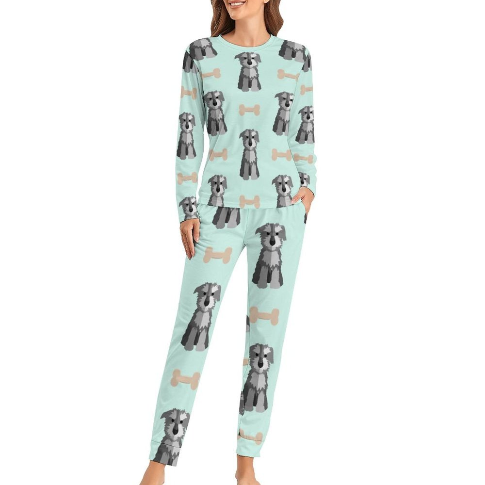 Schnauzer Dog and Bone Women's Pajama Set Long Sleeve Sleepwear Suit Pjs Lounge Set with Pocket 3XL