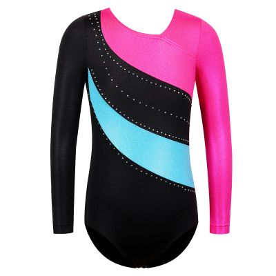 BAOHULU Gymnastics Leotard for Girls Shiny Long Sleeve Spliced Practice Dancewear B338_BlackHotpink_4A
