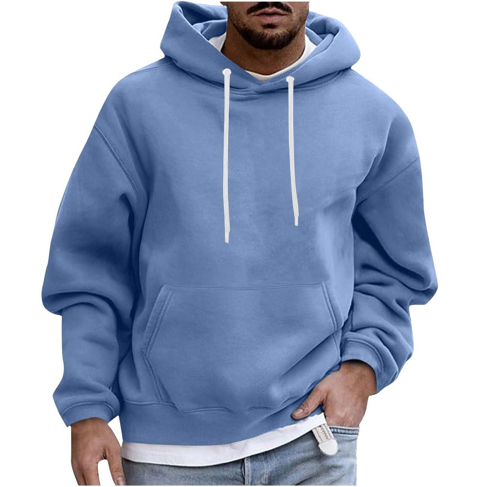Hipster Fall Hoodie for Men Loose Fit Big and Tall Drawstring Pullover Casual Kangaroo Pocket Solid Sweatshirts Blue