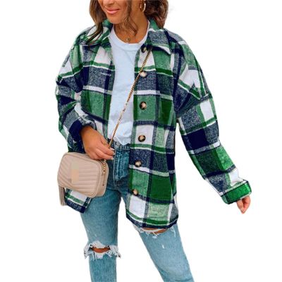 Clearance Womens Plaid Shacket Button Down Wool Blend Fall Flannel Shirt Jacket A-Green