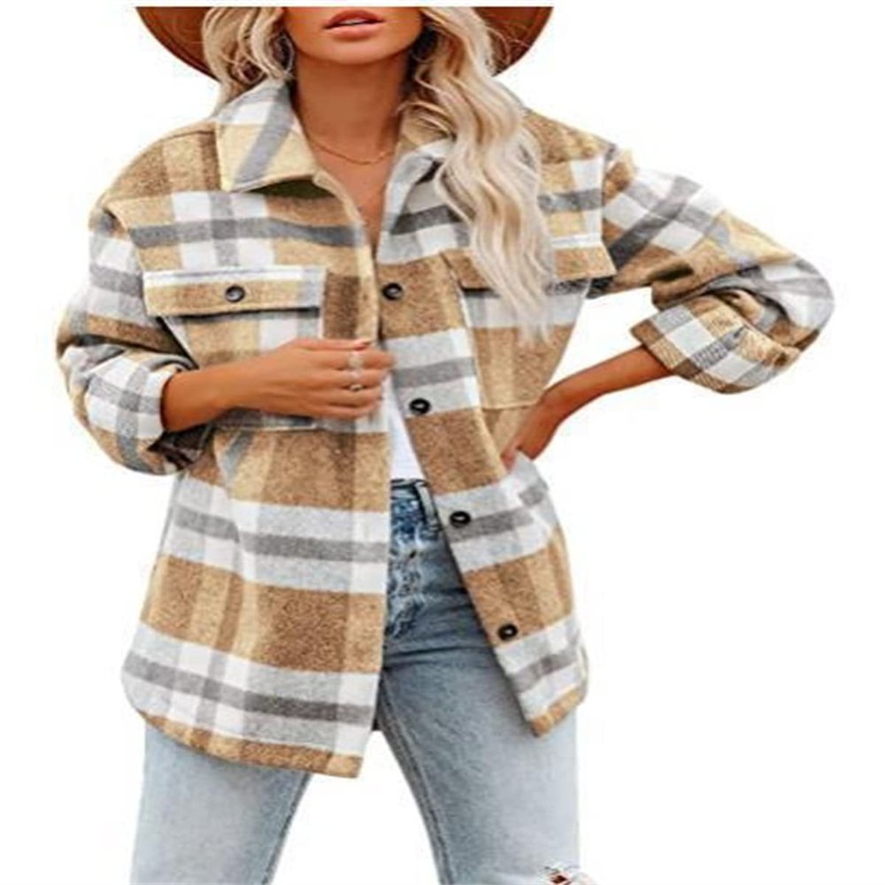 Clearance Womens Long Plaid Flannel Shacket Button Down Long Sleeve Shirt Jacket C-Yellow