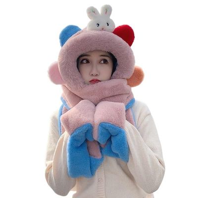 Winter Warm hat Scarf and Gloves All in one Set Plush Cute Rabbit Ear Protection Internet Celebrity Cute Scarf hat (Color : Pink Blue, Size : One Size)