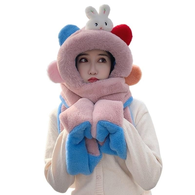 Winter Warm hat Scarf and Gloves All in one Set Plush Cute Rabbit Ear Protection Internet Celebrity Cute Scarf hat (Color : Pink Blue, Size : One Size)