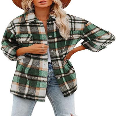 Canbebig Clearance Womens Long Sleeve Plaid Shirts Flannel Lapel Button Down Shacket Jacket Coats C-Green