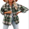 Canbebig Clearance Womens Long Sleeve Plaid Shirts Flannel Lapel Button Down Shacket Jacket Coats C-Green