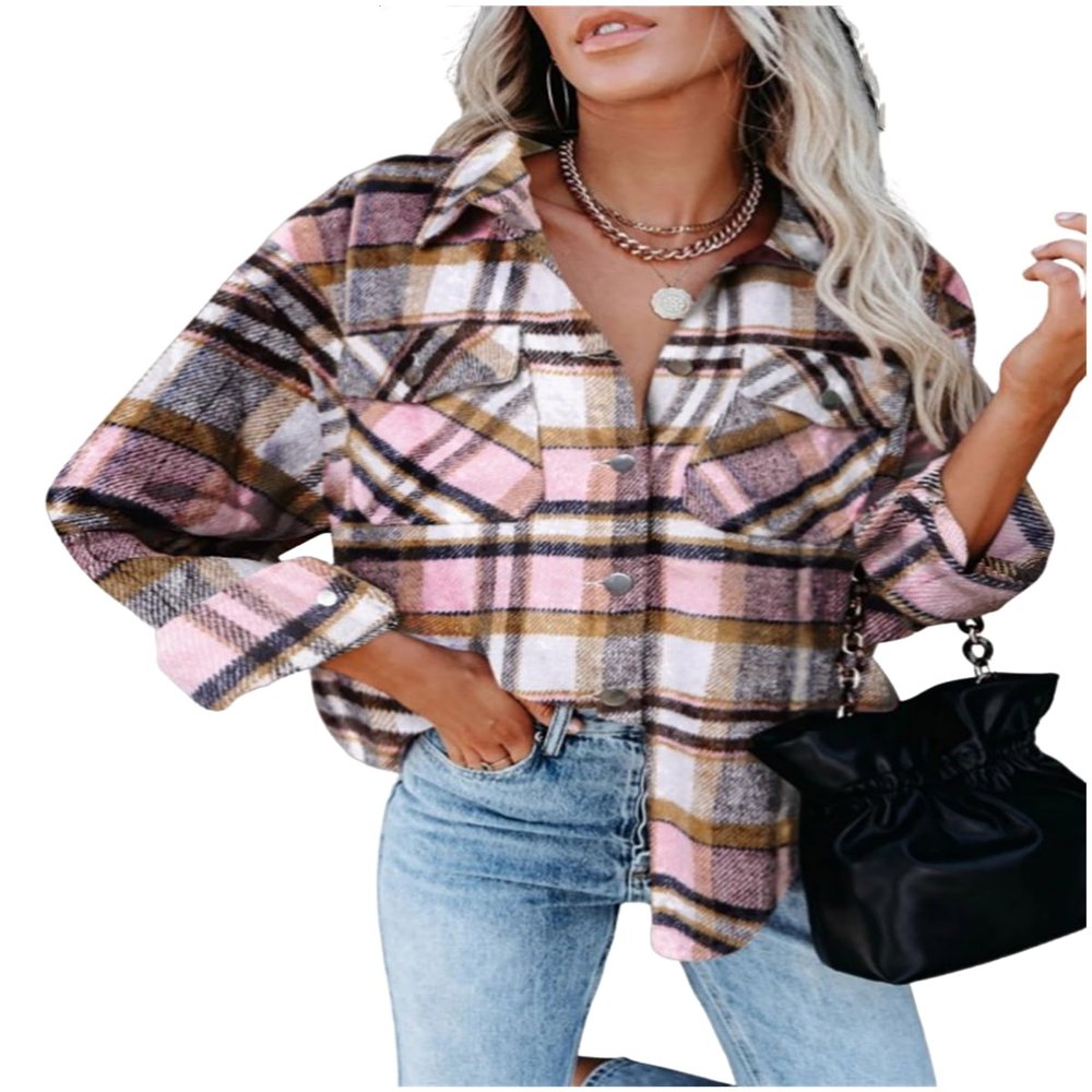 Clearance Women's 2023 Plus Size Plaid Flannel Shacket Loose Fit Long Shirts Jacket Tartan Boyfriend Oversized Coat D-Pink