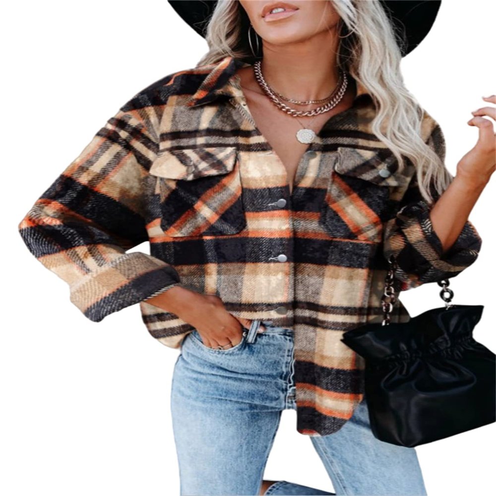 Clearance Womens Plaid Shacket Jacket Long Flannel Jacket Casual Lapel Button Down Tartan Trench Coats D-Khaki
