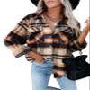 Clearance Womens Plaid Shacket Jacket Long Flannel Jacket Casual Lapel Button Down Tartan Trench Coats D-Khaki view 1
