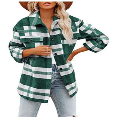 Clearance Women's Casual Plaid Flannel Shacket Jacket Oversized Long Sleeve Button Down Shirts Jacket Lapel Coats Tops