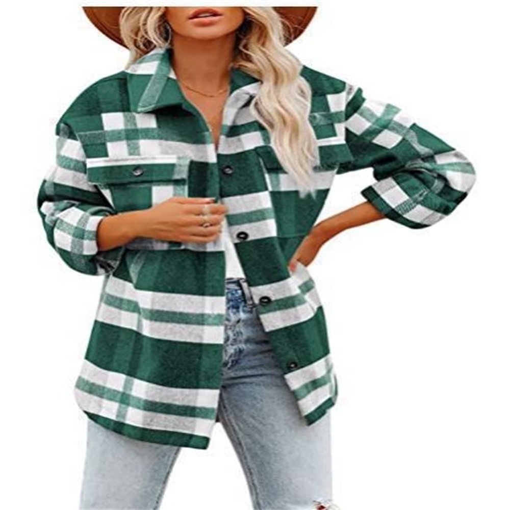 Clearance Women's Casual Plaid Flannel Shacket Jacket Oversized Long Sleeve Button Down Shirts Jacket Lapel Coats Tops