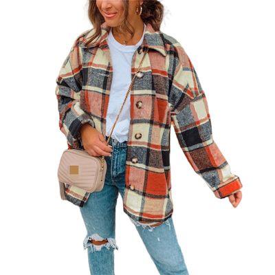 Canbebig Clearance Women's Casual Lapel Button Down Long Plaid Shirt Coat Tartan Shacket Jacket A-Orange